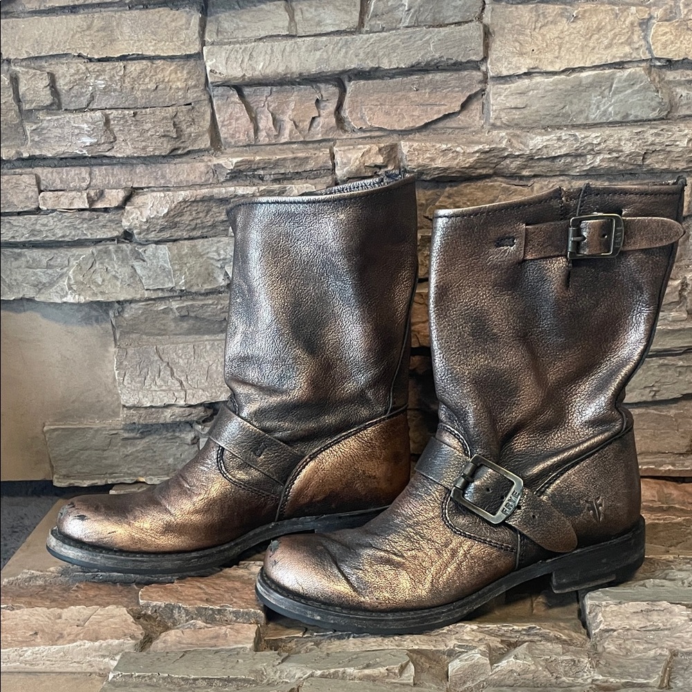 Frye Veronica Distressed Leather Boots Metallic Bronze - Picture 2 of 16